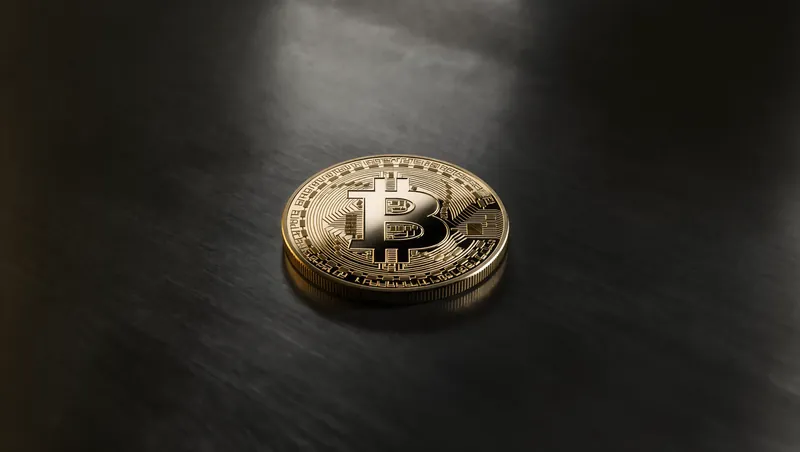 Symbolbild einer halbierten goldenen Bitcoin-Münze über einem Raster aus Blöcken und Zahlen