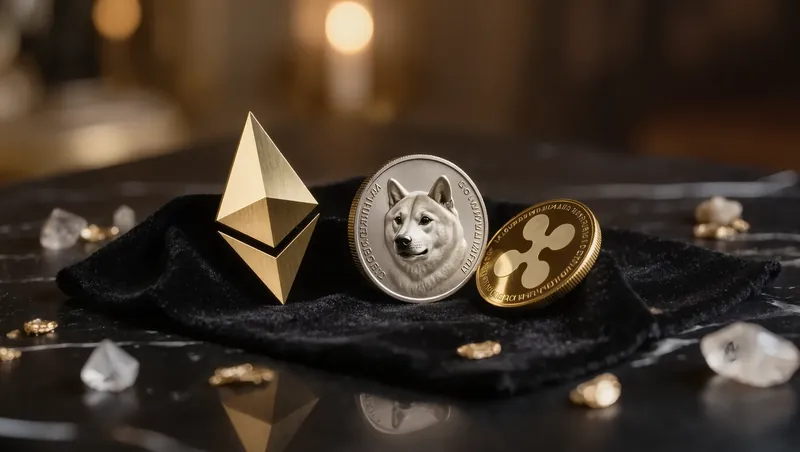 Symbolbild mit mehreren Krypto-Münzen, im Vordergrund eine Ethereum-Münze auf dunklem Grund
